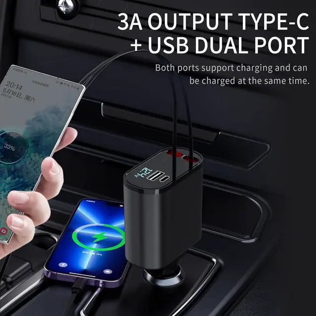 Alt view image 6 of 6 - Retractable Car Charger 4 in 1 Fast Car Charging 60W Compatible for iPhone 16 Car Travel Essentials Charger Women Men for Gifts USB C Car Honda Civic Accessories Adapter Compatible for iPhone 16 15