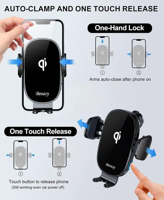Alt view image 3 of 7 - Beeasy Wireless Car Charger, 15W Fast Charging Auto Clamping Car Charger Cell Phone Holder Mount Vent for iPhone 15 14 13 12 Pro Max 11 XR XS X, Samsung Galaxy S24 Ultra S23 S22 S21+ Note 20, etc