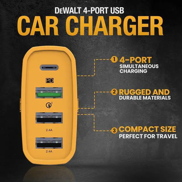 Alt view image 2 of 7 - DEWALT Heavy Duty 4 Port USB C Car Charger Multiport, Fast 60W USB Cigarette Lighter Adapter, PD Type C Multi Car Phone Charger, Cell Phone Automobile Chargers Compatible w/iPhone 16/15, Samsung