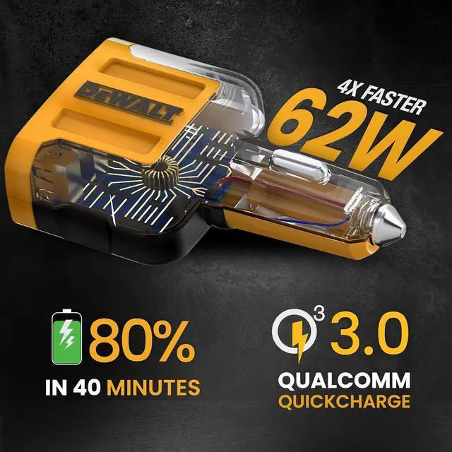 Alt view image 3 of 7 - DEWALT Heavy Duty 4 Port USB C Car Charger Multiport, Fast 60W USB Cigarette Lighter Adapter, PD Type C Multi Car Phone Charger, Cell Phone Automobile Chargers Compatible w/iPhone 16/15, Samsung
