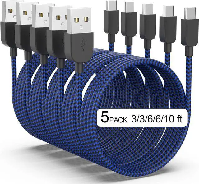 Main image of USB Type C Cable 5pack (3/3/6/6/10FT) Fast Charging 3.1A Quick Charge USB A to USB Type C Charger Cord for Samsung Galaxy S20 S10 S9 S8 A73 A51 A13, Note 20 10, LG G8 G7 Controller-Blue