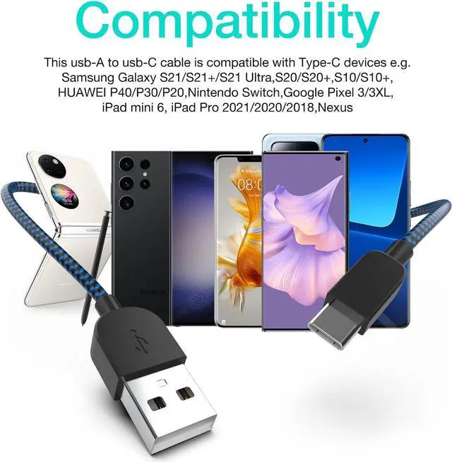 Alt view image 6 of 7 - USB Type C Cable 5pack (3/3/6/6/10FT) Fast Charging 3.1A Quick Charge USB A to USB Type C Charger Cord for Samsung Galaxy S20 S10 S9 S8 A73 A51 A13, Note 20 10, LG G8 G7 Controller-Blue