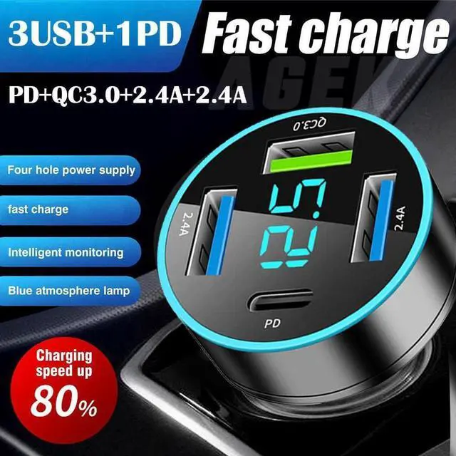 Alt view image 2 of 7 - Car Charger USB C Car Adapter 4 Port USB Car Charger with Voltage Display PD 3.0 & QC 3.0 Car Phone Charger Cigarette Lighter USB Charger Adapter Fast Charging for iPhone  iPad & Phone Tablets