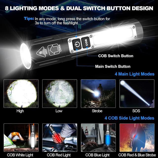 Alt view image 4 of 7 - LED Rechargeable Magnetic Flashlights 20000 High Lumens - Super Bright Long Beam Pocket Powerful Flashlight 8 Modes with COB Work Light, Dual Button Tactical Small Flashlight for Camping Emergency