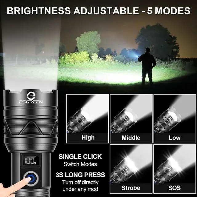 Alt view image 5 of 7 - Rechargeable Flashlights 2000 High Lumens Long Range 5000ft Super Bright LED Flashlight USB C High Powerd Multi-Functional Heavy Duty Strong Flash Light High Beam for Emergency Security Camping