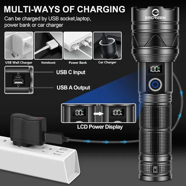 Alt view image 6 of 7 - Rechargeable Flashlights 2000 High Lumens Long Range 5000ft Super Bright LED Flashlight USB C High Powerd Multi-Functional Heavy Duty Strong Flash Light High Beam for Emergency Security Camping