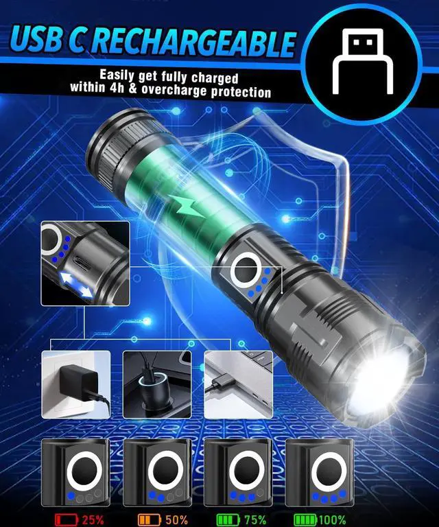 Alt view image 3 of 7 - Flashlights High Lumens Rechargeable USB C Flash Light Super Bright LED Flashlight with 100 000 Lumens Long Beam 3280Ft IPX5 Waterproof Tactical Flashlight Powerful for Emergency Camping