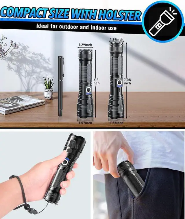 Alt view image 7 of 7 - Flashlights High Lumens Rechargeable USB C Flash Light Super Bright LED Flashlight with 100 000 Lumens Long Beam 3280Ft IPX5 Waterproof Tactical Flashlight Powerful for Emergency Camping