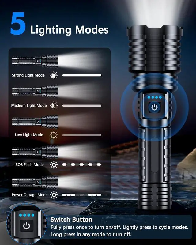 Alt view image 3 of 7 - Super Bright Rechargeable LED Flashlights 2500,000 High Lumens, Flashlights High Lumens Up to 25H Long Life| Zoomable| 5Light Modes| IP67 Waterproof, High Powered Flashlight for Camping Home