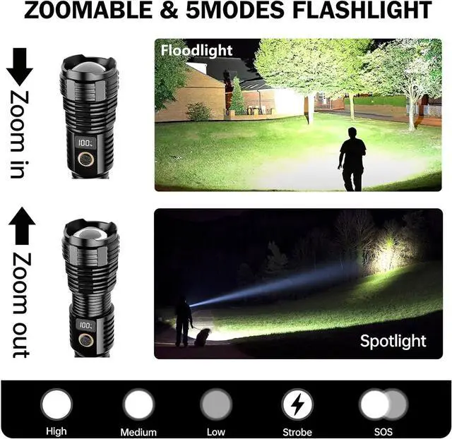 Alt view image 2 of 7 - Flashlights High Lumens Rechargeable 990000LM LED Super Bright Flash Light Zoomable Linternas with LCD Digital Display 5 Modes Waterproof Powerful Tactical Flashlight for Emergencies Camping Gift