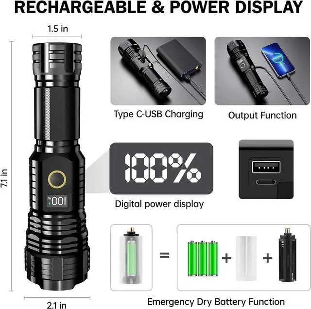 Alt view image 3 of 7 - Flashlights High Lumens Rechargeable 990000LM LED Super Bright Flash Light Zoomable Linternas with LCD Digital Display 5 Modes Waterproof Powerful Tactical Flashlight for Emergencies Camping Gift