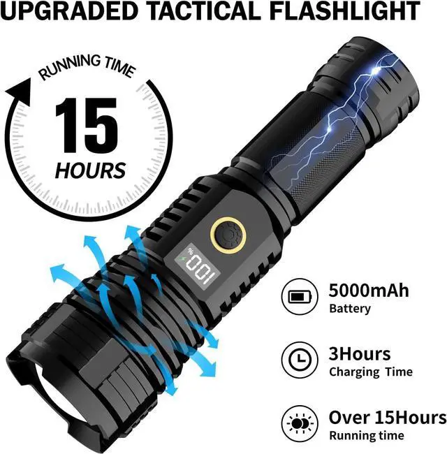 Alt view image 4 of 6 - Flashlights High Lumens Rechargeable 990 000 Lumens Super Bright Flashlight with LCD Digital Display Zoom 5 Modes IPX7 Waterproof Tactical Flashlight for Emergencies Camping