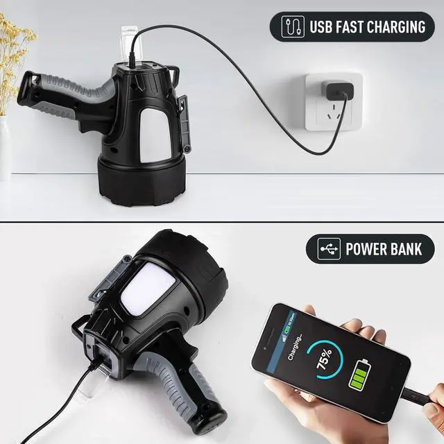 Alt view image 4 of 7 - Rechargeable Spotlight Outdoor 1000 000 Lumens Led Spotlight Flashlight with Cob Light and Foldable Tripod 6 Modes Waterproof Handheld Spot Light for Outdoor Marine Boating Hunting