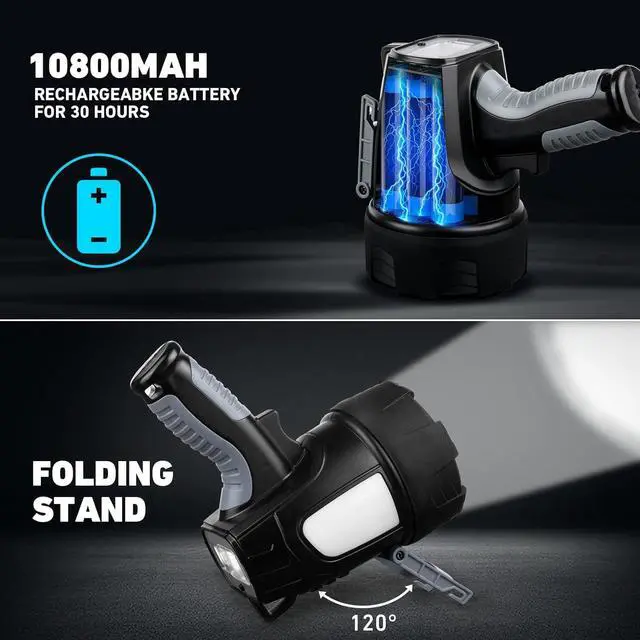 Alt view image 5 of 7 - Rechargeable Spotlight Outdoor 1000 000 Lumens Led Spotlight Flashlight with Cob Light and Foldable Tripod 6 Modes Waterproof Handheld Spot Light for Outdoor Marine Boating Hunting