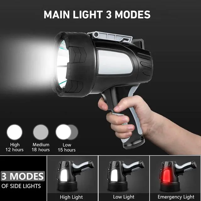 Alt view image 3 of 7 - Rechargeable Spotlight Outdoor 1000 000 Lumens Led Spotlight Flashlight with Cob Light and Foldable Tripod 6 Modes Waterproof Handheld Spot Light for Outdoor Marine Boating Hunting