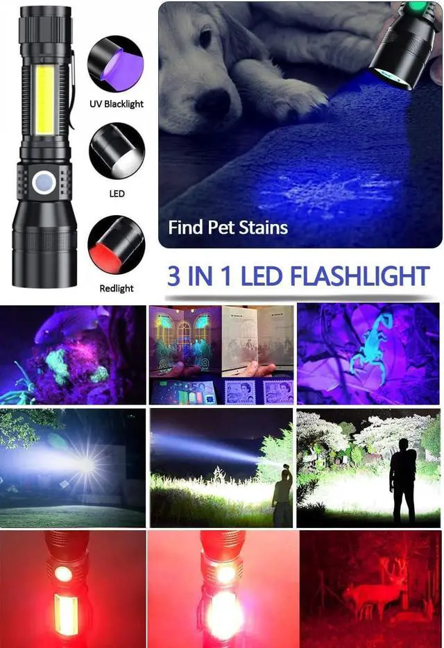 Alt view image 2 of 7 - Black Light UV Flashlight Rechargeable 3in1 Super Bright Tactical Flashlights LED UV Black Light &Redlight 2000Lumen 7Modes Zoomable Waterproof Pocket Flashlight for Pet Stains Detection Camping