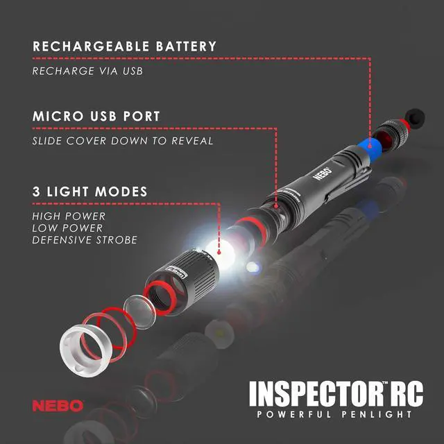 Alt view image 6 of 6 - INSPECTOR RC Pen Light | 360 Lumens 3 Light Modes Rechargeable & AAA Battery Powered LED Flashlight Waterproof Compact & Durable Pocket Clip for EDC Includes USB Charging Cable
