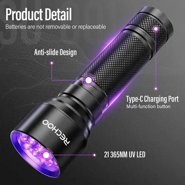 Alt view image 4 of 7 - UV Flashlight Black Light 21 LED 395nm Ultraviolet Rechargeable Flashlights UV Light Waterproof Portable BlackLight Flashlights for Pet Urine Detection Dry Stains Bed Bug Fluorescent Agent