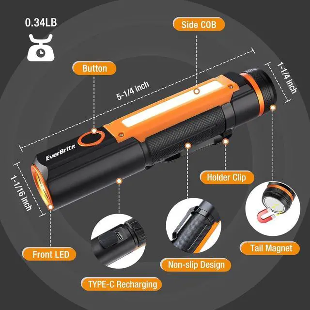 Alt view image 2 of 7 - EverBrite Rechargeable LED Emergency Flashlight, 500 Lumens Pocket Flashlight, USB-C Cable, 7 Modes Handheld Flashlights with COB Sidelight, Magnetic Base, Pocket Clip, Light for Camping, Emergency