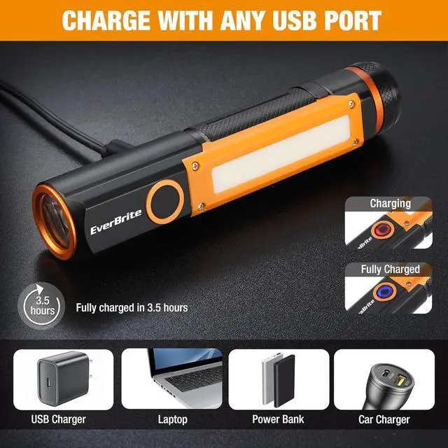 Alt view image 3 of 7 - EverBrite Rechargeable LED Emergency Flashlight, 500 Lumens Pocket Flashlight, USB-C Cable, 7 Modes Handheld Flashlights with COB Sidelight, Magnetic Base, Pocket Clip, Light for Camping, Emergency