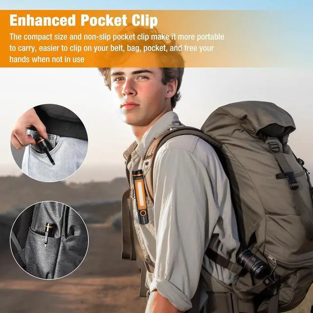 Alt view image 6 of 7 - EverBrite Rechargeable LED Emergency Flashlight, 500 Lumens Pocket Flashlight, USB-C Cable, 7 Modes Handheld Flashlights with COB Sidelight, Magnetic Base, Pocket Clip, Light for Camping, Emergency