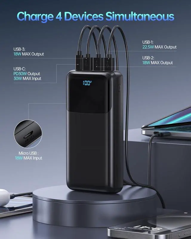 Alt view image 3 of 5 - Portable Charger Power Bank 50000mAh, USB-C PD 30W and QC 4.0 Fast Charging External Battery Pack with 4 Outputs & 2 Inputs, Digital Display Phone Charger for iPhone 15/14/13/12/11, Samsung, Android