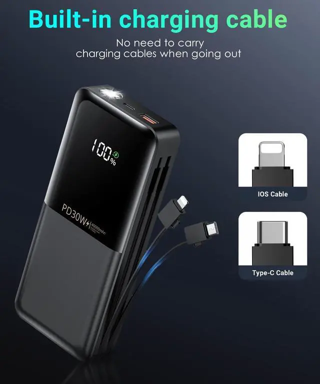 Alt view image 4 of 7 - Power-Bank-Portable-Phone-Charger - 40000mAh Power Bank PD30W Fast Charger Built-in 2 Detachable Output Cables Flashlight and LED Display for iPhone and Android Phones and Most Electronic Devices