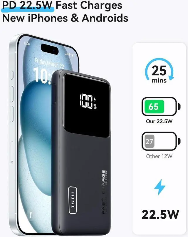 Alt view image 2 of 7 - Portable Charger Slimmest Fast Charging 10000mAh USB C in/Out Power Bank 22.5W PD3.0 QC4+ Battery Pack Portable Phone Charger for iPhone 16 15 14 13 12 Pro  S22 S21 Google AirPods iPad