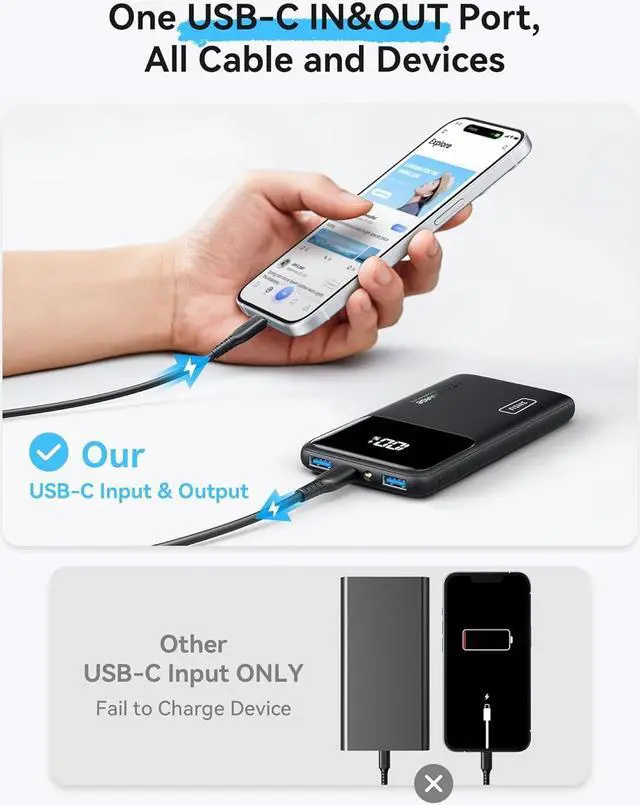 Alt view image 4 of 7 - Portable Charger Slimmest Fast Charging 10000mAh USB C in/Out Power Bank 22.5W PD3.0 QC4+ Battery Pack Portable Phone Charger for iPhone 16 15 14 13 12 Pro  S22 S21 Google AirPods iPad