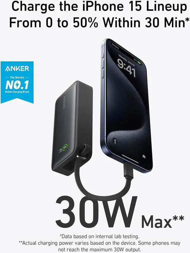 Alt view image 2 of 6 - Anker Nano Power Bank, 10,000mAh Portable Charger with Built-in USB-C Cable, 30W Max Output, for iPhone 16/15 Series, MacBook, AirPods, and More