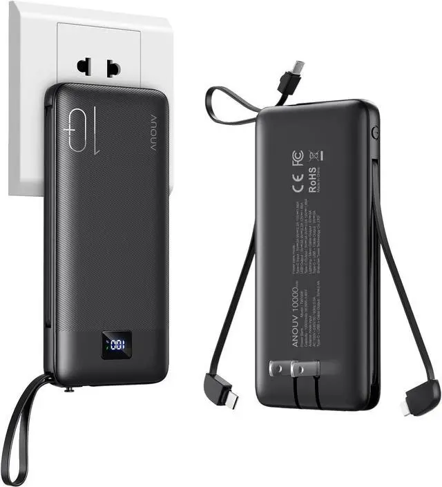 Main image of Portable Charger with Built-in Cables&AC Wall Plug 10000mAh Power Bank PD 22.5W USB-C Fast Charging External Battery Pack with LED Display Compatible with iPhones and All Smart Device1 Pack