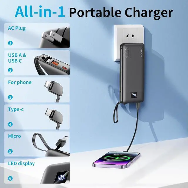 Alt view image 2 of 6 - Portable Charger with Built-in Cables&AC Wall Plug 10000mAh Power Bank PD 22.5W USB-C Fast Charging External Battery Pack with LED Display Compatible with iPhones and All Smart Device1 Pack