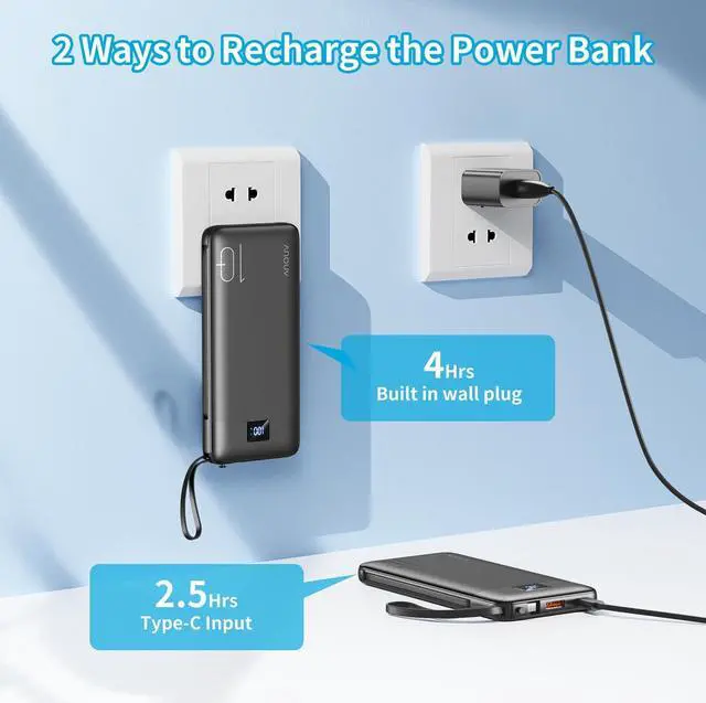 Alt view image 4 of 6 - Portable Charger with Built-in Cables&AC Wall Plug 10000mAh Power Bank PD 22.5W USB-C Fast Charging External Battery Pack with LED Display Compatible with iPhones and All Smart Device1 Pack