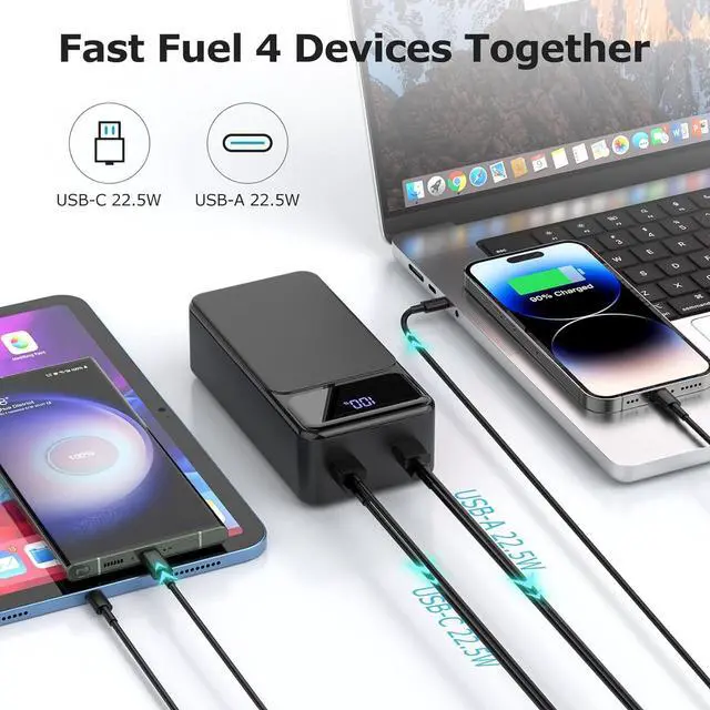 Alt view image 4 of 7 - 50000mah Power Bank 22.5W Fast Charging Portable Charger USB-C with 4 Outputs & 2 Inputs LED Display Huge Capacity External Battery Pack for iPhone, Samsung, iPad etc