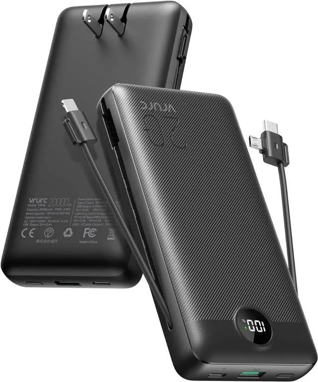 Main image of VRURC Portable Charger 20000mAh, Fast Charging Power Bank USB C,4 Output 2 Input Travel Essentials Charging Bank Equipped with LED Display,Built-in Wall Plug and Cables,Phone Charger Battery,Black