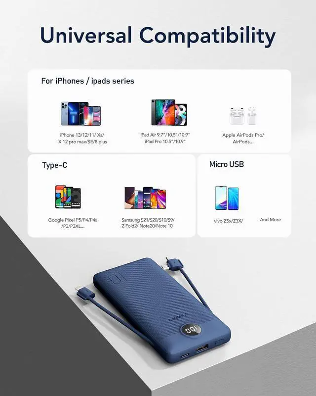 Alt view image 6 of 7 - Portable Charger for iPhone with Built in Cables and Wall Plug 10000mah Slim Fast Charging USB C Power Bank Travel Essential Battery Pack Compatible with iPhone iPad  etc(Navy)