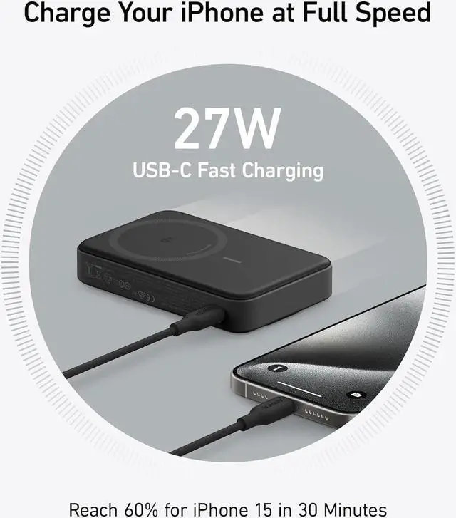 Alt view image 5 of 6 - MagGo Power Bank Qi2 Certified 15W Ultra-Fast MagSafe-Compatible Portable Charger 10 000mAh Battery Pack with Smart Display and Foldable Stand For iPhone 15/14/13/12 Only(USB-C Cable Include)