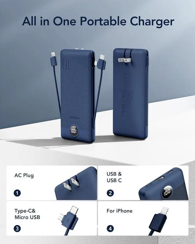 Alt view image 2 of 7 - Portable Charger for iPhone with Built in Cables and Wall Plug 10000mah Slim Fast Charging USB C Power Bank Travel Essential Battery Pack Compatible with iPhone iPad  etc(Navy)