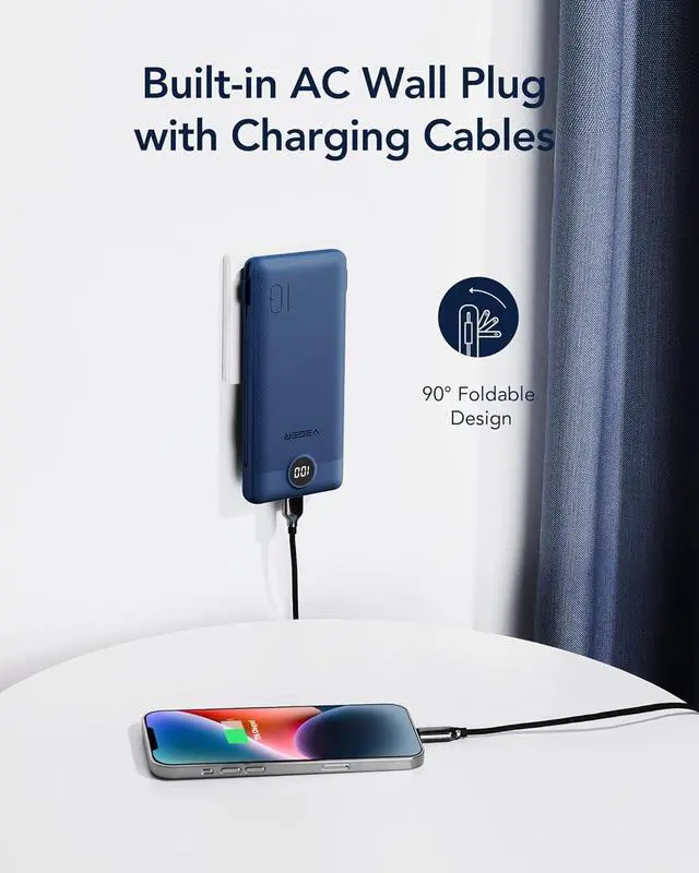 Alt view image 3 of 7 - Portable Charger for iPhone with Built in Cables and Wall Plug 10000mah Slim Fast Charging USB C Power Bank Travel Essential Battery Pack Compatible with iPhone iPad  etc(Navy)