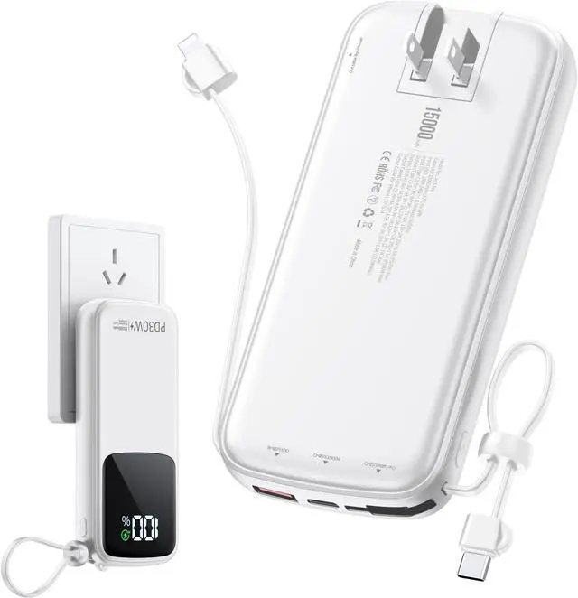 Main image of Portable-Charger-Power-Bank - 15000mAh Power Bank Supports PD 30W Fast Charging Built-in AC Wall Plug and 2 Output Cables with LED Display for iPhone iPad and Most Electronic Devices(White)