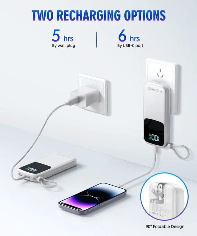 Alt view image 2 of 7 - Portable-Charger-Power-Bank - 15000mAh Power Bank Supports PD 30W Fast Charging Built-in AC Wall Plug and 2 Output Cables with LED Display for iPhone iPad and Most Electronic Devices(White)