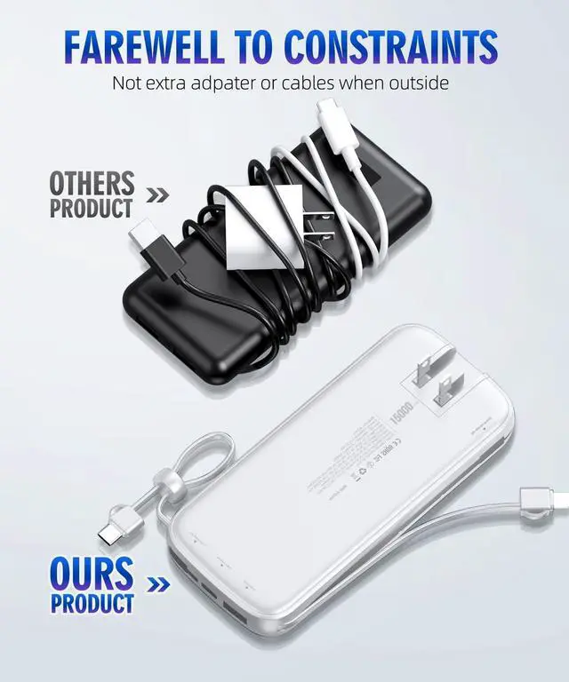 Alt view image 5 of 7 - Portable-Charger-Power-Bank - 15000mAh Power Bank Supports PD 30W Fast Charging Built-in AC Wall Plug and 2 Output Cables with LED Display for iPhone iPad and Most Electronic Devices(White)