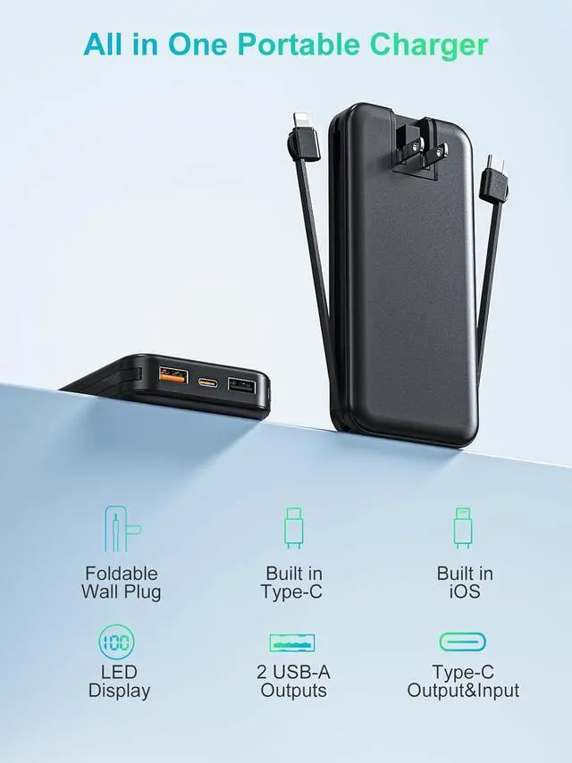 Alt view image 7 of 7 - Portable Charger, 12000mAh 22.5W Type C Fast Charging Power Bank with Built-in Cables & Wall Plug, External Battery Bank with LED Display, Travel Essential Battery Pack for iPhone, iPad, Samsung Black