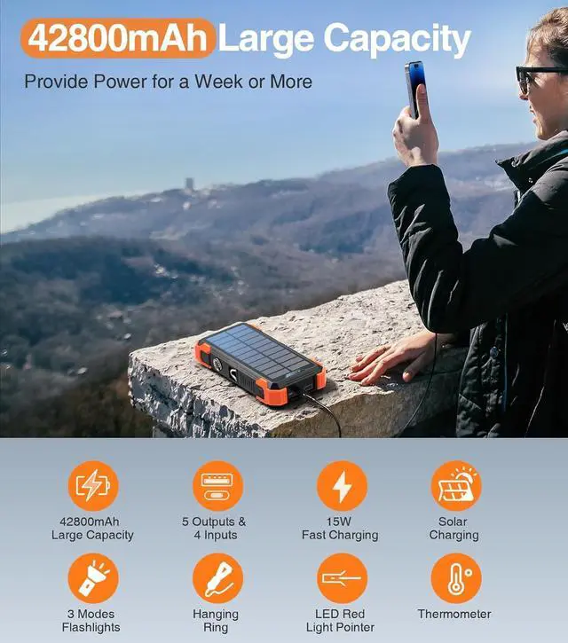 Alt view image 2 of 6 - Power Bank Portable Charger 42800mAh Built in 4 Cables and Thermometer 15W Fast Charging Power Bank Five Outputs Three Inputs Solar Charger Power Bank SOS/Strobe/Strong Flashlights Carabiner