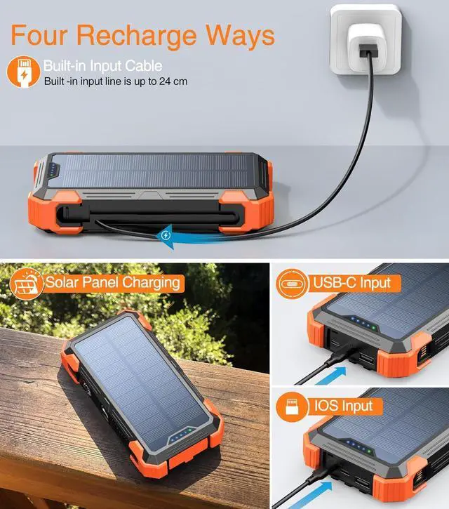Alt view image 4 of 6 - Power Bank Portable Charger 42800mAh Built in 4 Cables and Thermometer 15W Fast Charging Power Bank Five Outputs Three Inputs Solar Charger Power Bank SOS/Strobe/Strong Flashlights Carabiner