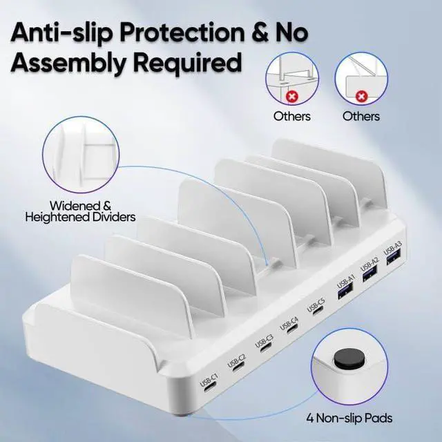 Alt view image 4 of 6 - 300W Charging Station for Multiple Devices, 8 Port USB C Charging Station Fast Charge for MacBook iPhone 15 Phone iPad Tablets (6 Mixed Short Cables Included) White
