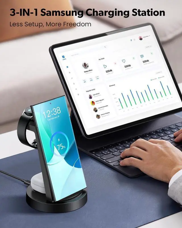 Alt view image 5 of 7 - Wireless Charger for : 3 in 1 Wireless Charging Station for  Galaxy Watch 8 7 6 5 4 3 Pro Classic Galaxy Buds - Charger Dock Stand for S25 S24 Ultra S23 S22 S21 Note Z Fold Android