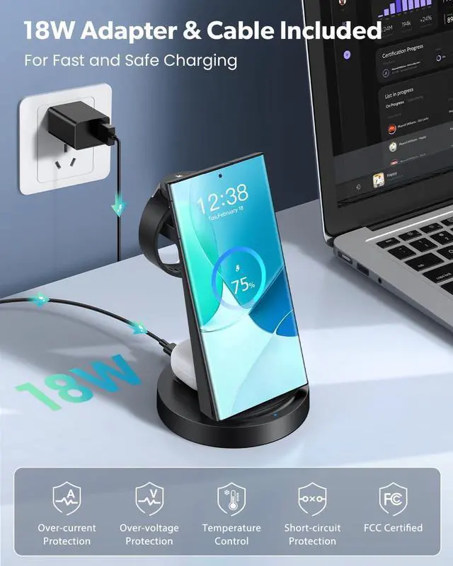 Alt view image 4 of 7 - Wireless Charger for : 3 in 1 Wireless Charging Station for  Galaxy Watch 8 7 6 5 4 3 Pro Classic Galaxy Buds - Charger Dock Stand for S25 S24 Ultra S23 S22 S21 Note Z Fold Android