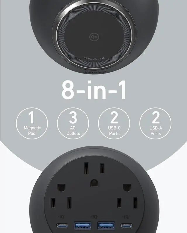 Alt view image 4 of 6 - Anker MagGo Magnetic Charging Station, Qi2 Certified 15W Ultra-Fast MagSafe Compatible Wireless Charger for iPhone 15/14/13/12, 8-in-1 Power Strip with 3 AC and 4 USB Desktop Charger