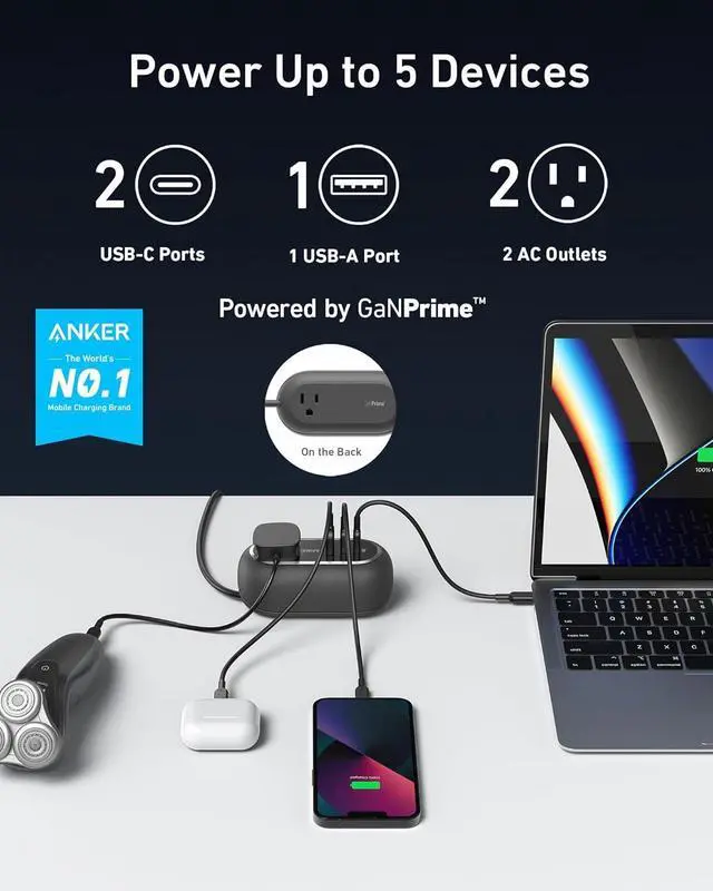 Alt view image 2 of 6 - GaNPrime 65W Charging Station 3ft 615 USB-C 5-in-1 Power Strip for Travel and Work with 2AC 2 USB-C 1 USB-A Power Delivery for iPhone 16/16 Plus/16 Pro/16 Pro Max and More